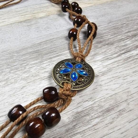 Boho Braided 5 Leaf Rhinestone Blue And Brown Beaded Woven Soft Tie Belt D0500 - Picture 9 of 12